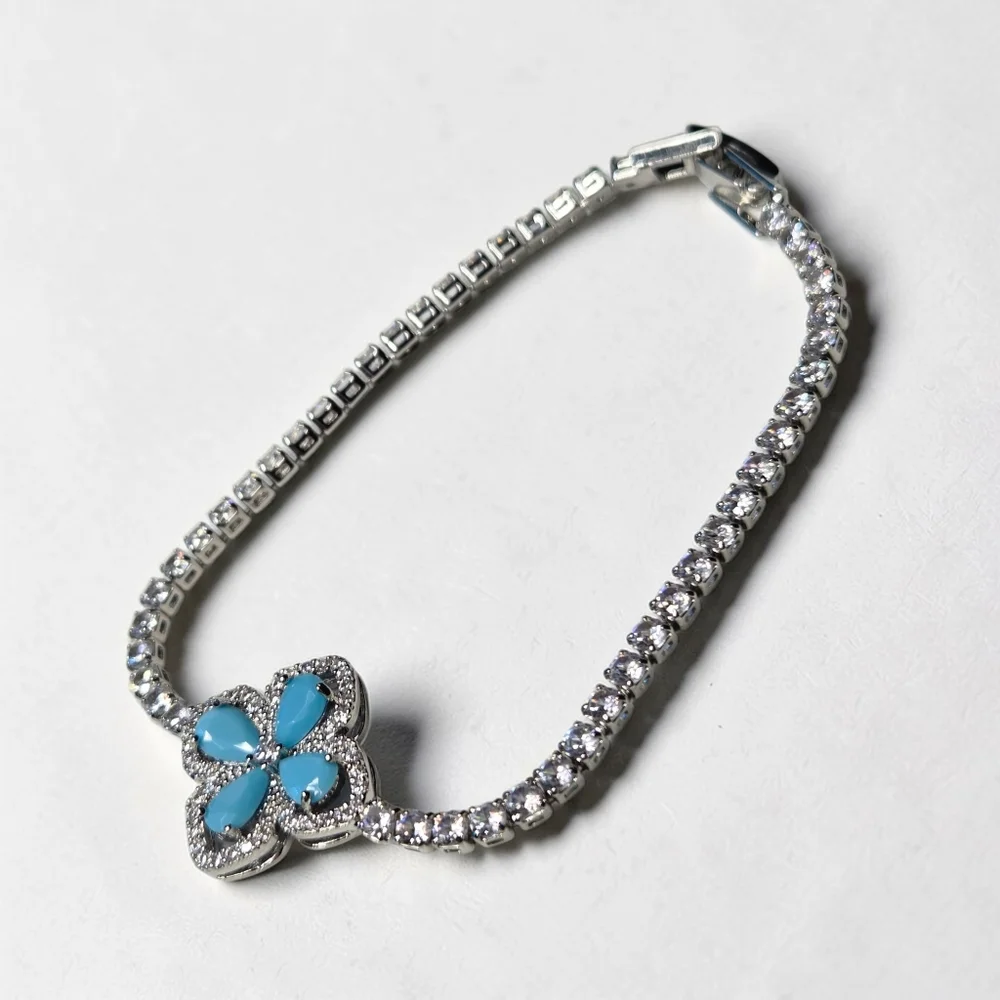 Luxury Silver Turquoise Clover Zircon Crystal Tennis Bracelet